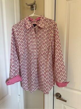 Foxcroft Cream Button-Down Shirt with Pink Floral Print Size XL